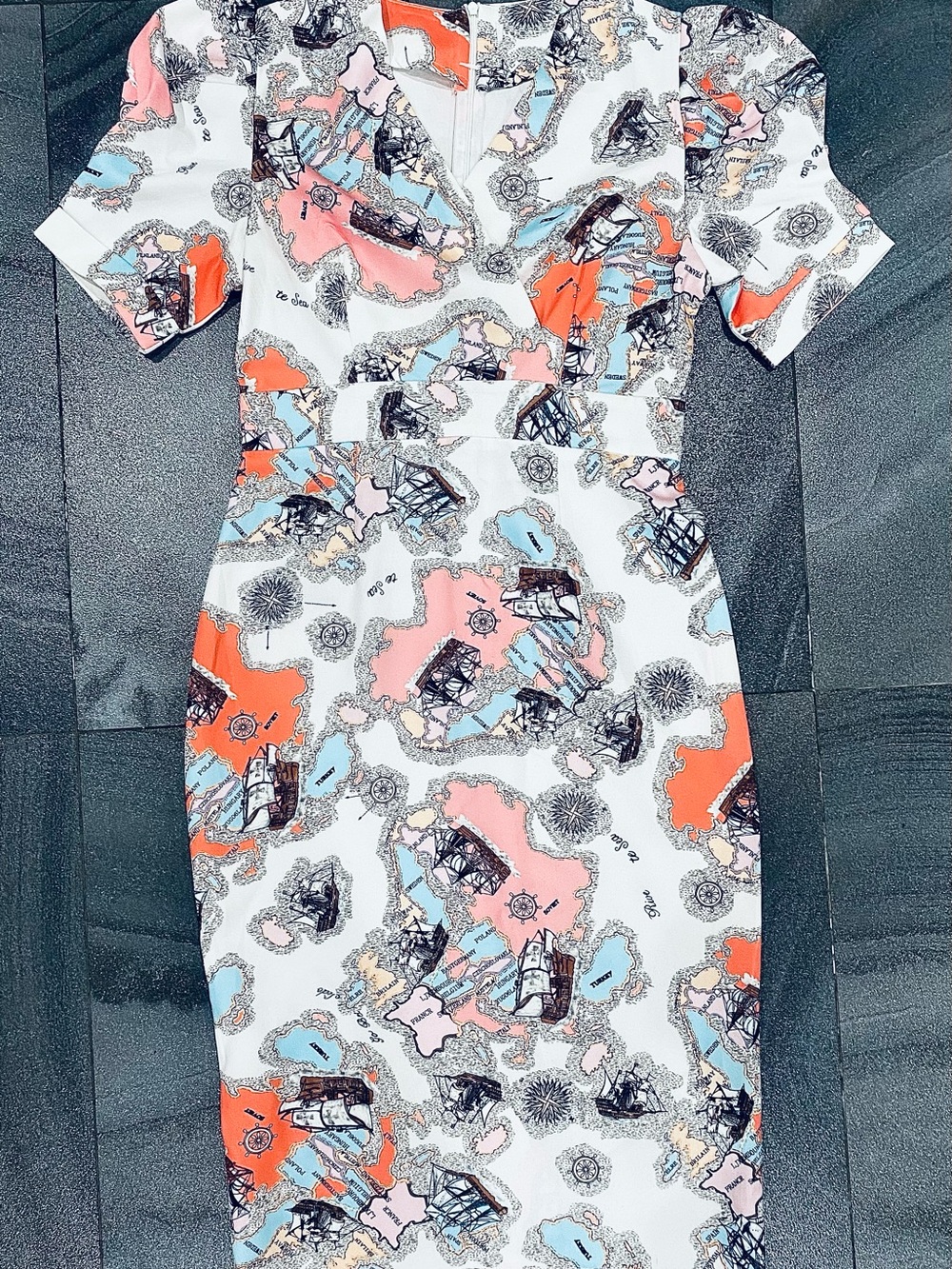 Vintage Nautical World Map Ships Print Fitted Slight Puff Sleeve Dress Size S